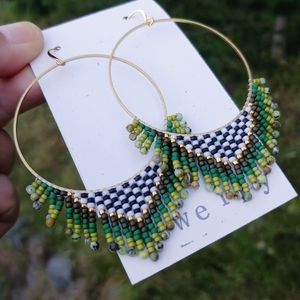 *SOLD* Shamrock Sunburst Green Opal & Glass Seed Bead Fringe Festival Earrings